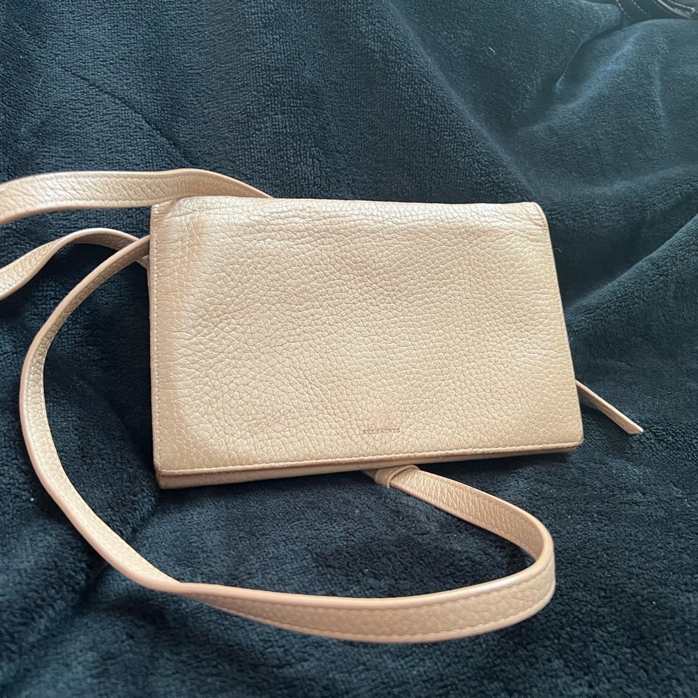 ALL SAINTS Fetch Adjustable Removable Strap Pebbled Leather Crossbody Bag Tan